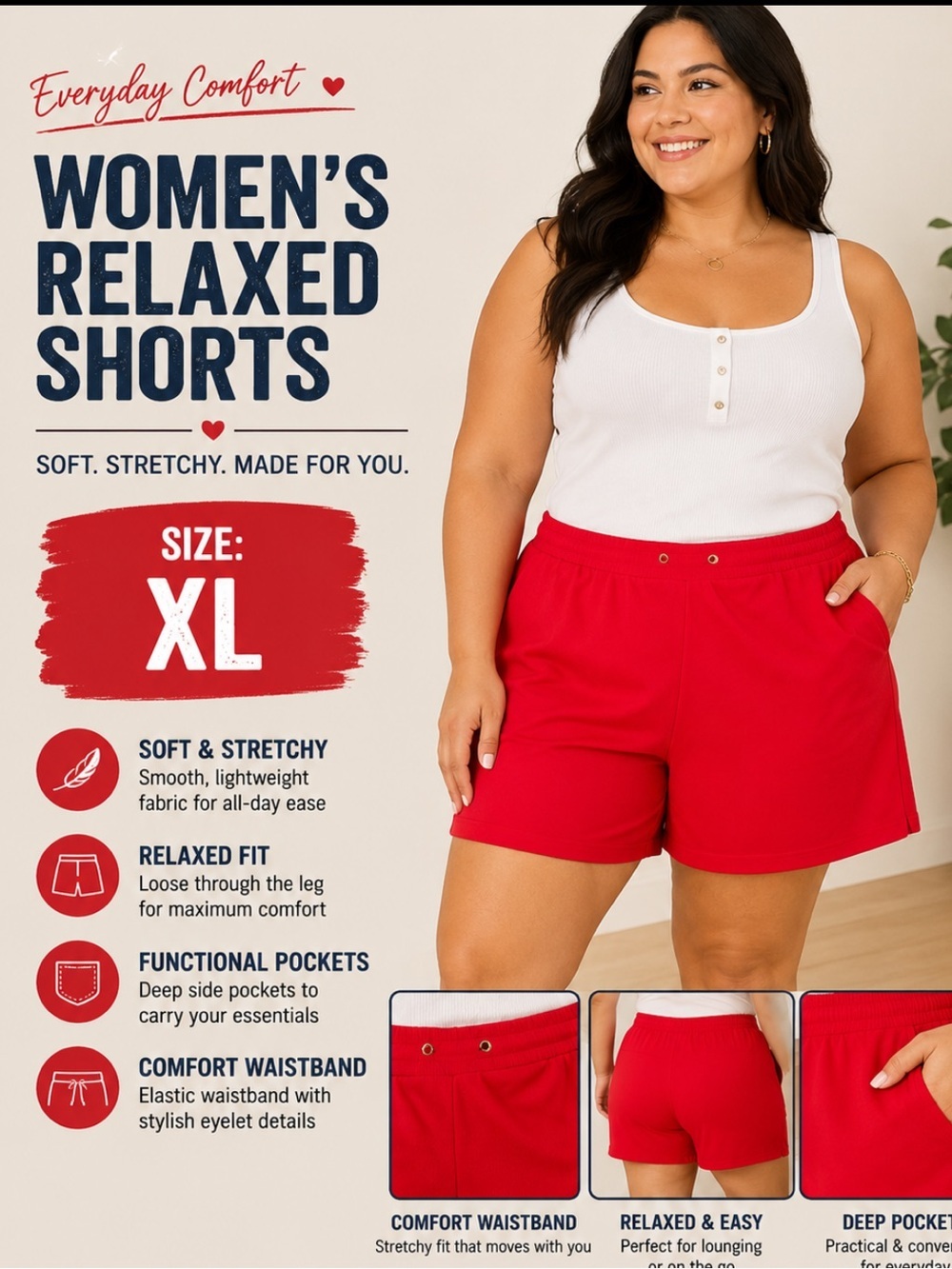 Women’s Relaxed Red Shorts - Everyday Comfort XL